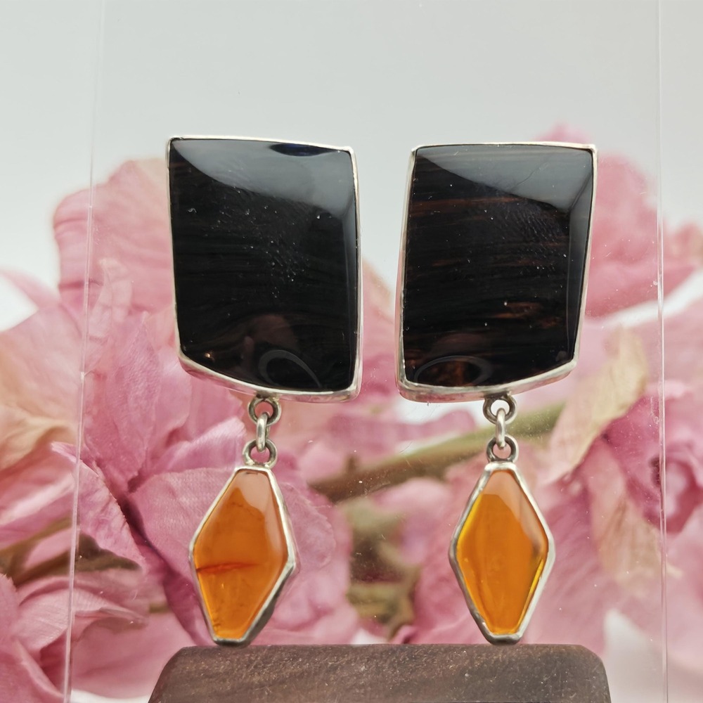 Handmade Artisan Sterling Silver Earrings Women OS Brown Amber Obsidian Nouveau